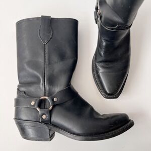 Vintage Harness Biker Boots 7.5 Black Leather Square Toe Moto Western Engineer